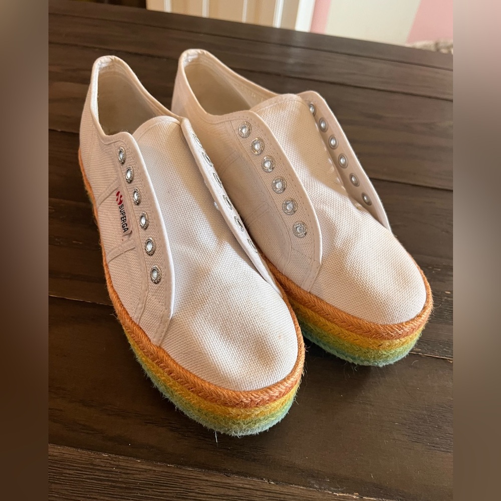 Superga White Slip-On Sneakers with Rainbow Soles Size 9.5